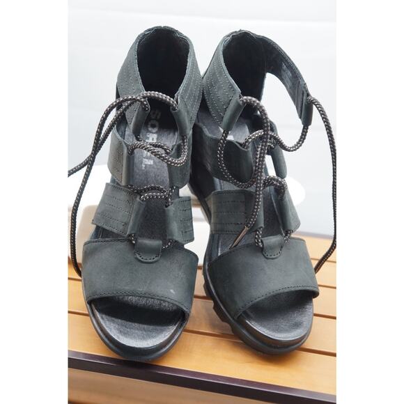 SOREL Women's Joanie Sandal Size 9 Black Leather Strappy Lace Up Wedge Heel Shoe - Picture 10 of 10